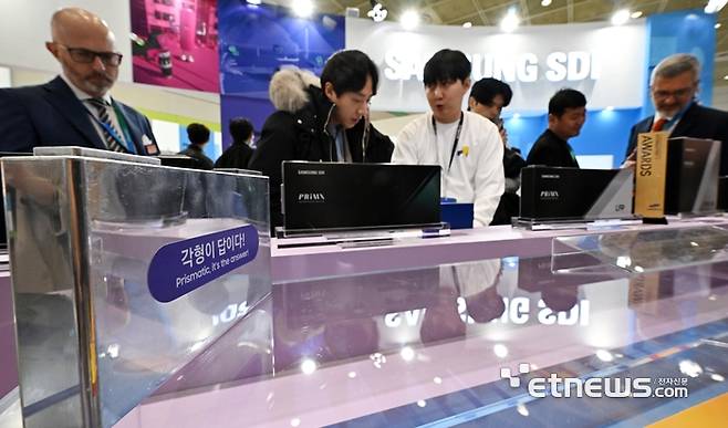 지난 3월에 열린 '인터배터리 2025'에서 참관객이 삼성SDI의 각형 배터리 시리즈를 살펴보고 있다.  이동근기자 foto@etnews.com