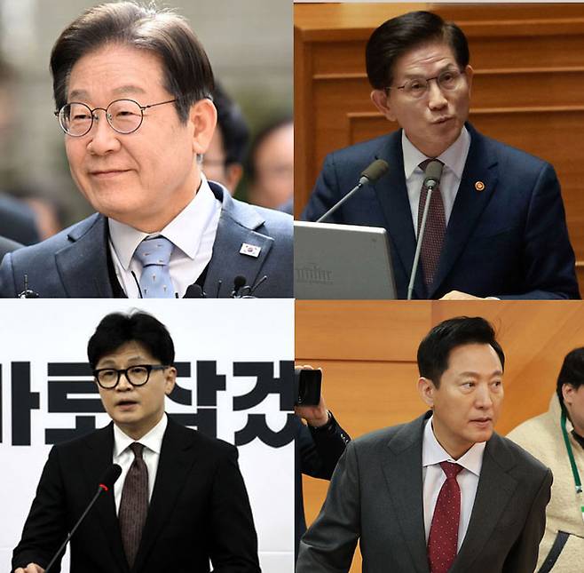 윤석열 전 대통령이 지난 4일 파면됨에 따라 대선 정국이 시작되며 민주당에서는 이재명 대표가 국민의힘에서는 김문수 고용노동부 장관이 대선후보로서 두각을 보인다고 매경·MBN 여론조사에서 나타났다. 사진은 이재명 더불어민주당 대표(왼쪽부터), 김문수 고용노동부 장관, 한동훈 전 국민의힘 대표, 오세훈 서울시장 [사진 = 사진공동취재단(이재명) / 김호영 기자]