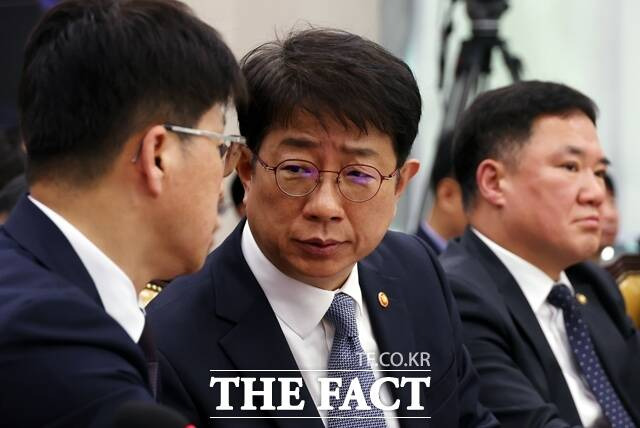 국토교통부는 7일 진현환 제1차관을 단장으로 한 수주지원단을 우즈베키스탄에 파견한다. 박상우 국토교통부 장관과 진현환 1차관이 13일 서울 여의도 국회에서 열린 제423회 국회(임시회) 국토교통위원회 제1차 전체회의에서 대화하고 있다. /뉴시스