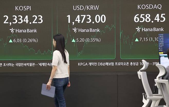8일 오후 서울 중구 하나은행 본점 딜링룸 현황판에 코스피, 원/달러 환율, 코스닥 지수가 표시돼 있다. ⓒ연합뉴스
