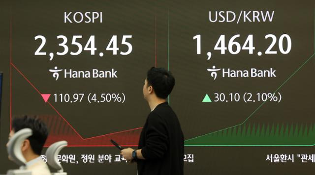 트럼프발 관세전쟁 충격으로 코스피가 급락 개장한 7일 오전, 서울 중구 하나은행 본점 딜링룸 전광판을 직원이 쳐다보고 있다. 뉴시스
