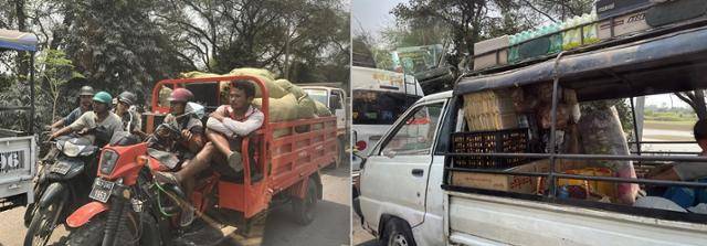 지난 3일 미얀마 시민들이 자신의 차량에 준비할 수 있을 만큼의 구호물자를 싣고 만달레이에서 사가잉으로 향하고 있다. 사가잉=허경주 특파원