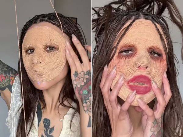 실로 얼굴을 감싼 후, 위에 화장품을 덧바르는 메이크업인 ‘실 메이크업’이 화제다. /사진=틱톡 채널 @Snitchery 캡처
