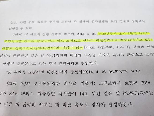 ▲ 선조위 내인설 보고서의 ‘조타장치 솔레노이드 밸브 고착’을 인정한 목포해심 재결서