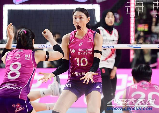 2세트를 따내고 포효하는 흥국생명 김연경.