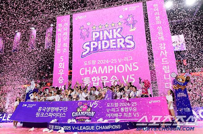 우승트로피와 함께 우승의 기쁨을 나누고 있는 흥국생명 선수들.