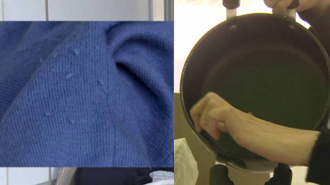 구호물품 중 보풀이 가득 붙은 헌옷(왼쪽)과 코팅이 다 벗겨진 냄비(오른쪽) / TBC 보도화면 캡처