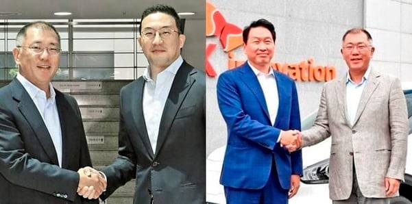 현대차그룹은 현재 전기차 배터리를 대부분 LG에너지솔루션과 SK온 등 외부 제조사에서 구매하고 있다. 왼쪽 사진은 정의선(왼쪽) 현대차그룹 회장과 구광모 LG그룹 회장이 충북 청주 소재 LG화학 오창공장에서 악수하는 모습. 오른쪽 사진은 정의선 회장과 최태원 SK 회장이 충남 서산 SK온 배터리 공장에서 만나 악수를 하는 모습이다./현대차 제공
