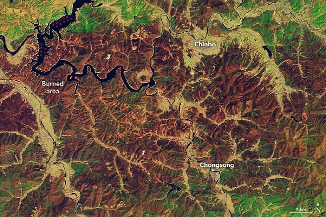 나사 위성 랜드샛9호가 촬영한 경북 지역 산불의 흔적. (사진=나사 지구관측소)
