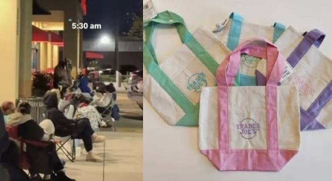 미국의 한 트레이더 조 매장 앞에 토트백을 구매하려는 사람들이 줄을 서있는 모습. 엑스, 온라인커뮤니티 캡처