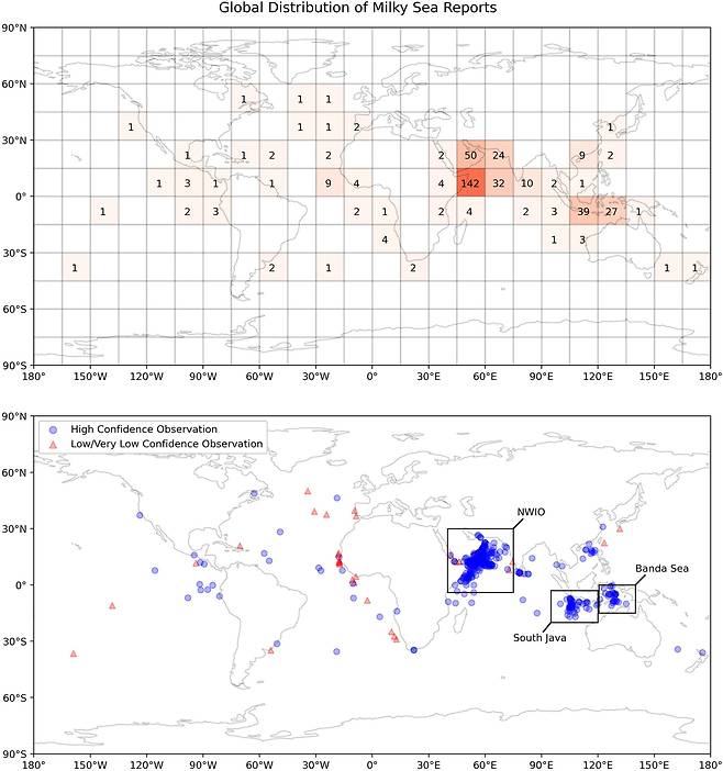 밤에 밝게 빛나는 바다의 지리적 분포. 위도와 경도를 각각 15도씩 나눠 관찰 횟수에 따라 음영을 나타냈다(위). 연구진은 또 관측에 적합한 세 곳의 주요 핫스팟(아래 그림 검은색 상자)을 표시했다. /미 콜로라도주립대