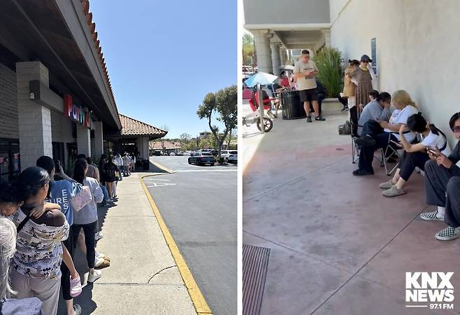 트레이더 조 미니 캔버스 토트백을 사기 위해 매장 앞에 줄을 서 있는 사람들. 엑스(X)·KNX뉴스 캡처