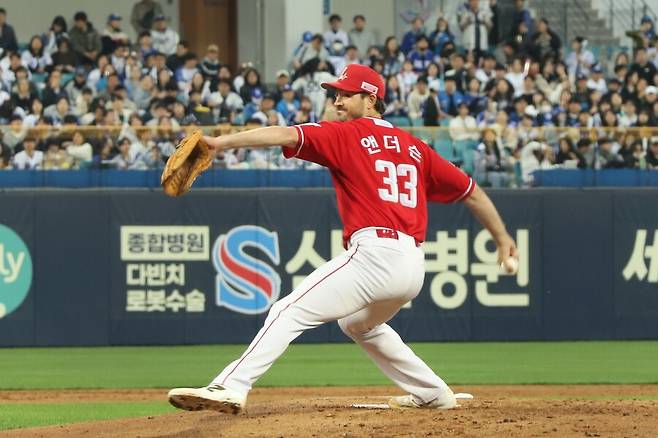 ▲ 9일 대구 삼성전에서 최고 구속 156km의 강속구와 체인지업을 앞세워 무려 13개의 삼진을 잡아낸 드류 앤더슨 ⓒSSG랜더스