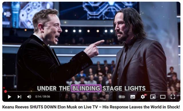3월 유튜브 채널 '보이스 오브 체인지(Voices of Change)'에 게시된 키아누 리브스(오른쪽)와 일론 머스크의 토론 내용을 꾸며내 만든 영상. 유튜브 캡처