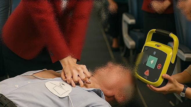 (자료) 기내에서 승무원이 심정지 승객에게 심폐소생술과 AED 처치를 시도하는 장면.