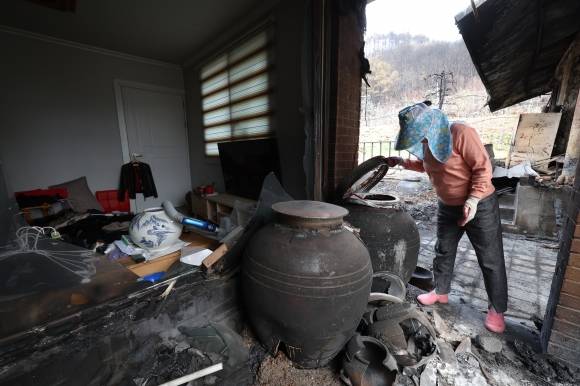산불 피해 주민 박경숙씨가 지난 9일 안동시 길안면 만음리의 전소된 집에서 깨진 된장독을 살펴보고 있다. 안동 뉴시스