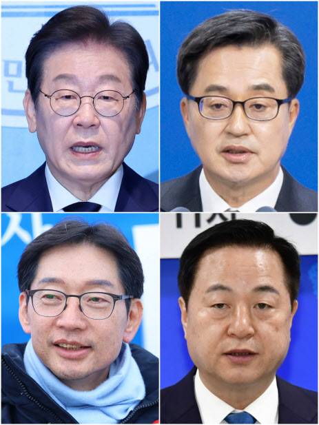 더불어민주당 대선 후보군들. 왼쪽 위부터 시계방향으로 이재명 전 대표, 김동연 경기도지사, 김두관 전 의원, 김경수 전 경남도지사. (사진=연합뉴스)