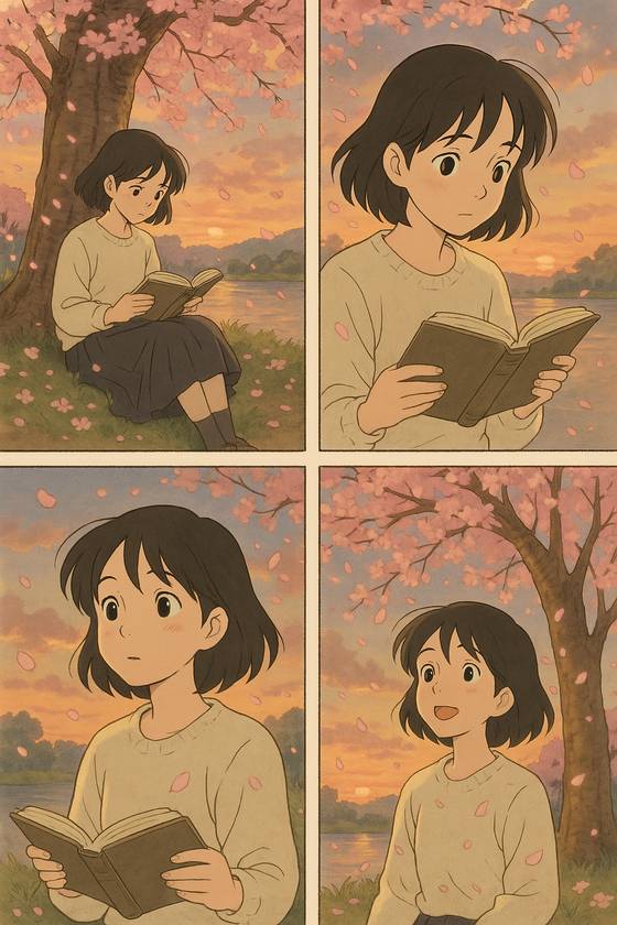 “해질녘 벚꽃이 흩날리는 강가에서 책 읽는 사람을 지브리 스타일의 4컷 만화로 그려줘”라는 프롬프트(지시문)에 챗GPT-4o이 생성한 그림. 책에 집중하던 소녀가 문득 떨어지는 꽃잎의 존재를 깨닫고 고개를 들어 흩날리는 벚꽃을 바라보며 환히 웃는 짧은 스토리와 이미지를 자연스럽게 구현해냈다. 문소영 기자