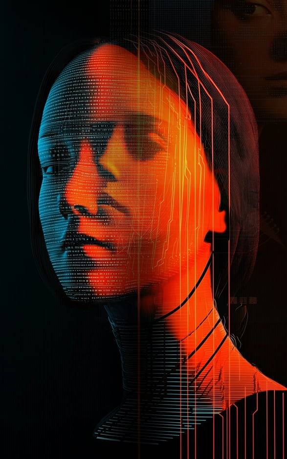 이병호 작가의 AI - POST HUMAN IDENTITY 2024 연작. 반도체 회로처럼 연결된 다른 얼굴이 중첩되어 보인다.