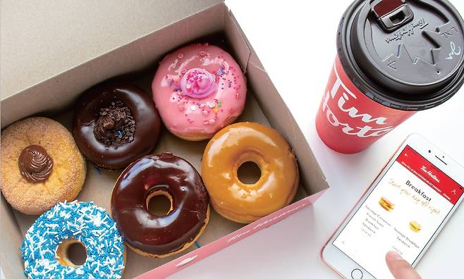 캐나다 앨버타주의 주도 에드먼턴의 팀홀튼 매장에서 구입한 도넛과 커피. /사진= 셔터스톡