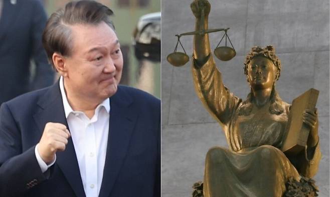 윤석열 전 대통령(왼쪽), 대법원 정의의 여신상. 김영원 기자 forever@hani.co.kr, 연합뉴스