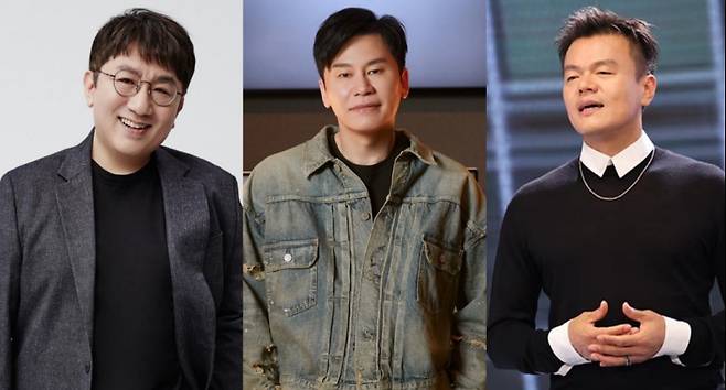 방시혁 하이브 의장(왼쪽부터), 양현석 YG 총괄프로듀서, 박진영 JYP CCO / 사진=하이브·YG엔터·연합뉴스 제공