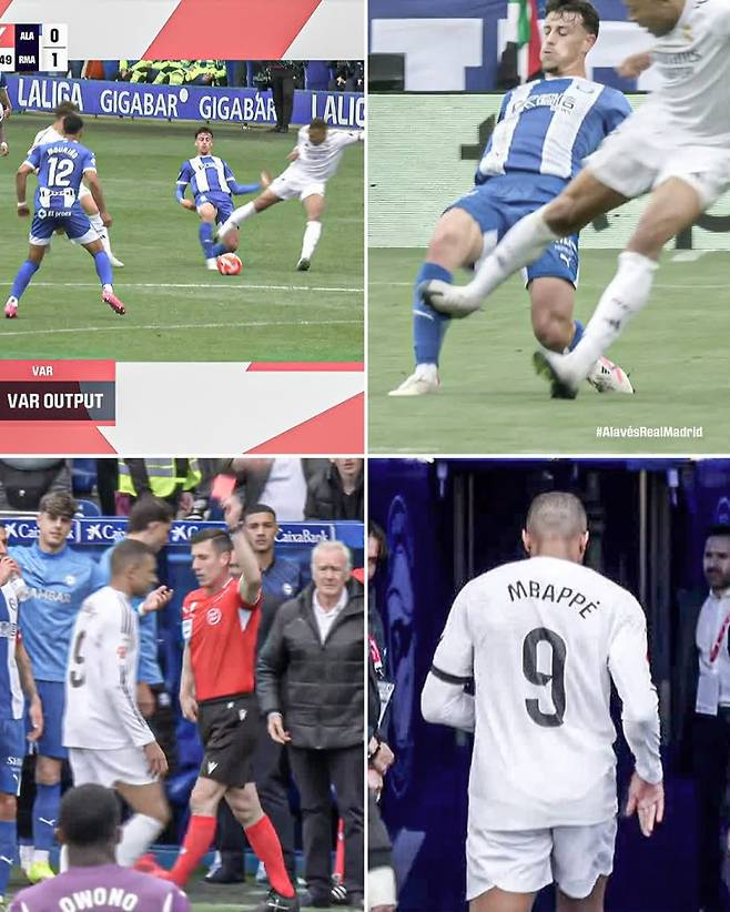 레알 음바페가 13일 멘디소르트사에서 열린 알라베스와의 라리가 31라운드 중 거친 태클을 범한 뒤 퇴장당했다. 사진=ESPN FC SNS