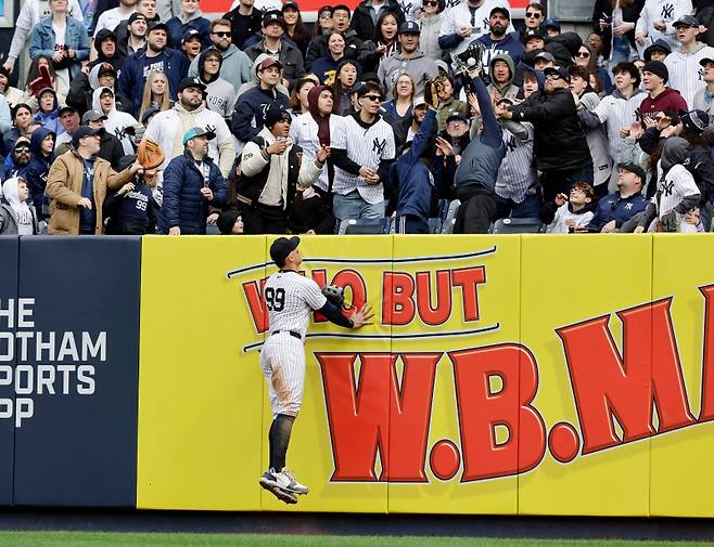 <yonhap photo-2499="">뉴욕 양키스 우익수 애런 저지가 14일(한국시간) 6회 초 수비에서 이정후의 홈런 타구를 쫓다가 포기하고 공을 바라보고 있다. AFP=연합뉴스</yonhap>