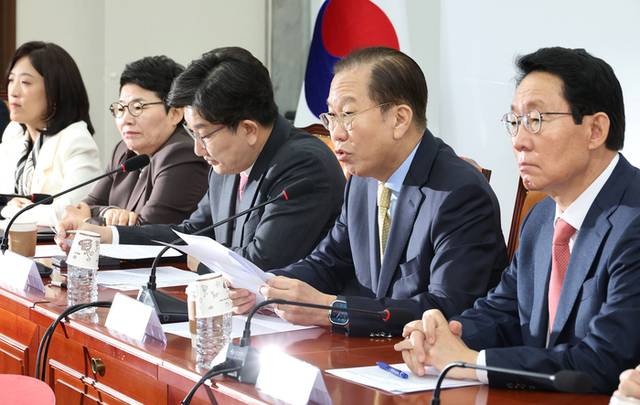 ▲ 국민의힘 권영세 비상대책위원장(오른쪽 두번째)이 14일 국회에서 열린 비상대책위원회 회의에서 발언하고 있다. 연합뉴스