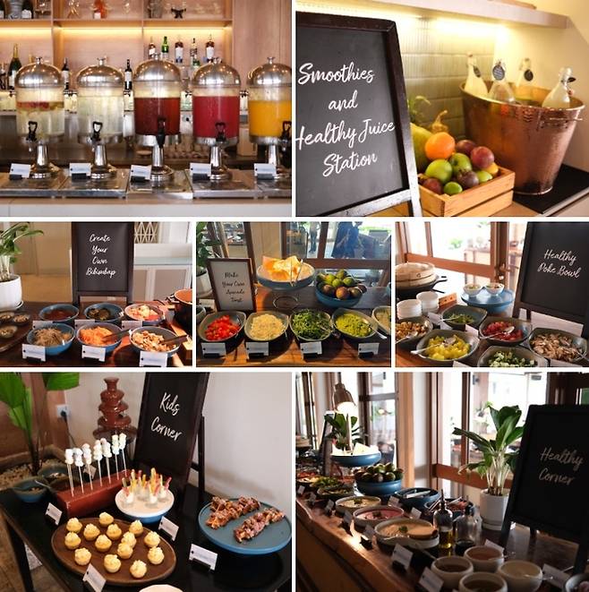 건강 스무디부터 건강한 포케 보울, 직접 만들어 먹는 비빔밥과 아보카도 토스트, 키즈 코너 등 다양한 테마로 꾸민 비브 오세안 레스토랑 / 사진=홍지연 여행+ 기자