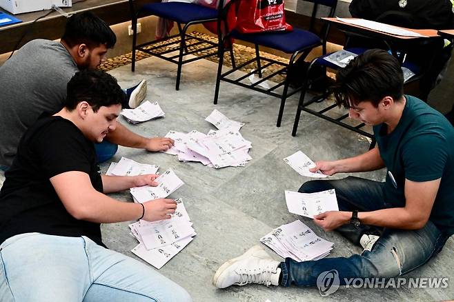 13일(현지시간) 에콰도르 대선 개표 현장 [과야킬 AFP=연합뉴스. 재판매 및 DB 금지]