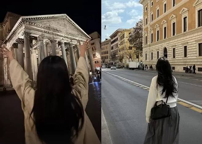 판테온 앞에서 사진을 찍은 민지(왼쪽), 로마의 거리를 활보하는 하니.