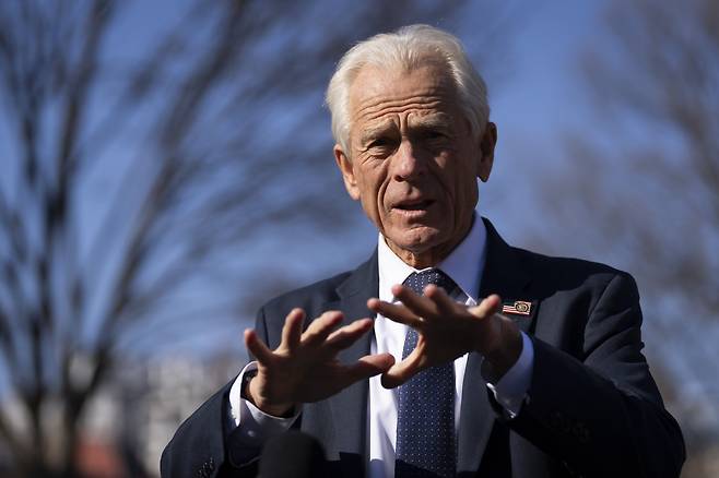White House trade adviser Peter Navarro speaks to reporters at the White House in Washington on March 12. (AP-Yonhap)