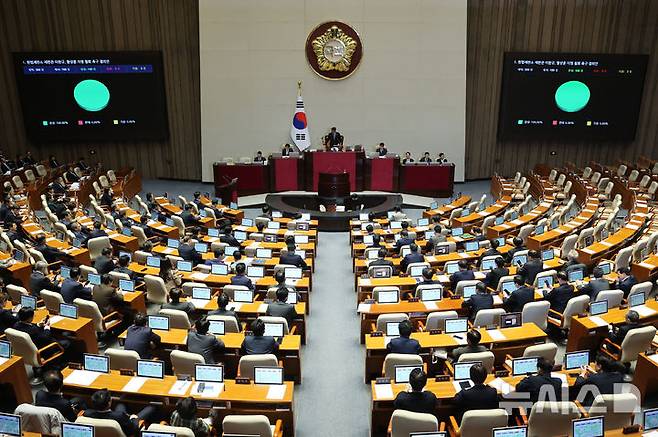 [서울=뉴시스] 권창회 기자 = 15일 서울 여의도 국회에서 열린 제424회 국회(임시회) 제3차 본회의에서 헌법재판소 재판관 이완규, 함상훈 지명 철회 촉구 결의안(위원회안)이 통과되고 있다. 2025.04.15. kch0523@newsis.com