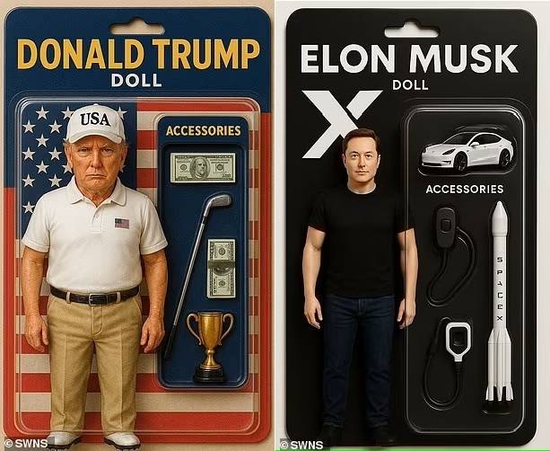 도널드 트럼프 미국 대통령(왼쪽)과 일론 머스크 테슬라 최고경영자(CEO) 사진을 생성형 인공지능(AI) 챗GPT를 활용해 ‘액션 피규어’로 변환한 모습. 데일리메일 캡처