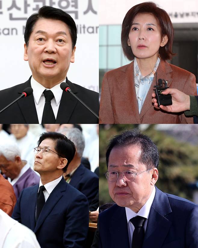 대선 출마를 공식화한 국민의힘 대선 주자들. 왼쪽 위부터 시계 방향으로 안철수·나경원·홍준표·김문수. 뉴스1·뉴시스