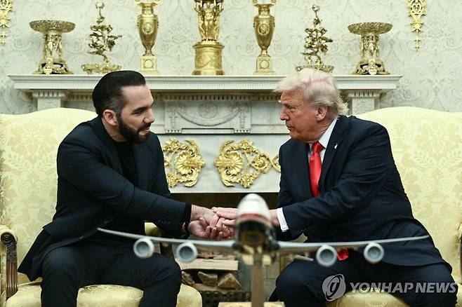 엘살바도르 대통령 만나는 트럼프 [워싱턴 AFP=연합뉴스. 재판매 및 DB 금지]