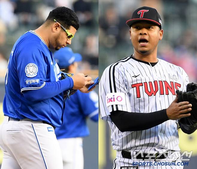 15일 잠실구장에서 열린 LG 트윈스와 삼성 라이온즈의 경기. 삼성 후라도와 LG 에르난데스가 숨을 고르고 있다. 잠실=박재만 기자 pjm@sportschosun.com/2025.04.15/