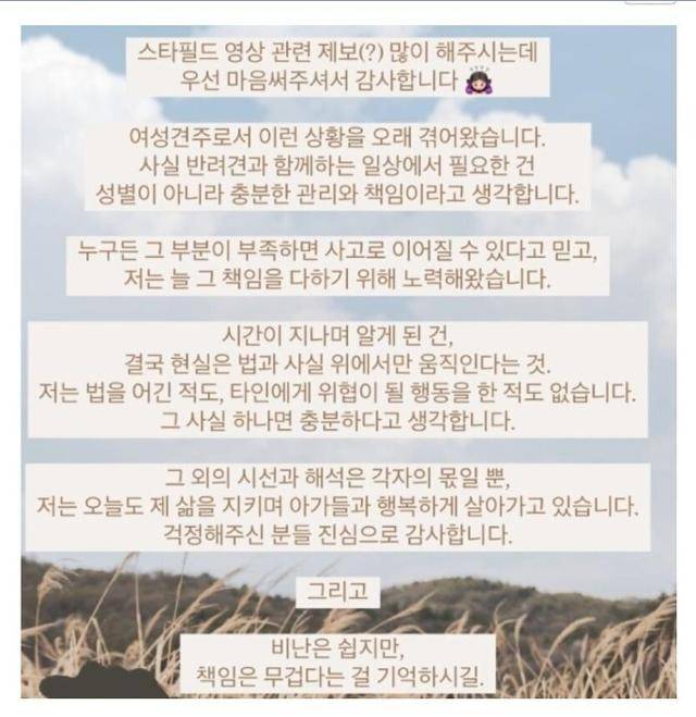 울프독 등 대형견 세 마리를 입마개 착용 없이 쇼핑몰로 데려가 논란을 부른 견주가 올린 게시글. '전혀 문제 될 게 아니다'라는 내용이다. 온라인 커뮤니티 캡처