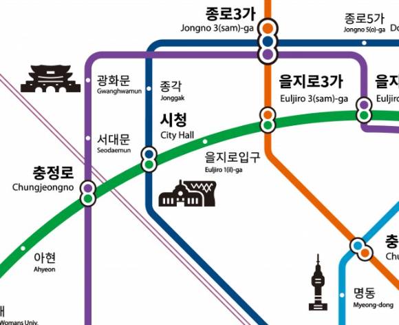 서울시가 40년 만에 '지하철 노선도(단일노선도)'를 전면 개편한다. 사진은 관광명소 기호 등이 표기된 신형 지하철 노선도. [사진=서울시]