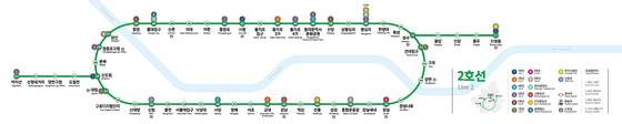 새롭게 바뀌는 지하철 2호선 노선도. 환승라인을 신호등처럼 디자인했다. 자료: 서울시