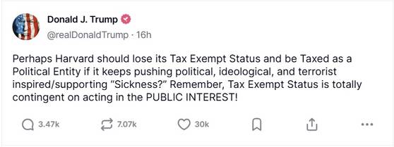 도널드 트럼프 미국 대통령이 15일 하버드대의 면세 지위 박탈을 경고하며 자신의 트루스소셜 계정에 올린 글. 사진 트루스소셜 캡처