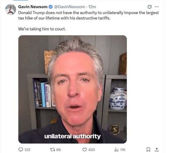 개빈 뉴섬 캘리포니아주지사가 16일(현지시간) 오전 트럼프 대통령의 관세 정책은 불법이라고 주장하며 관세 부과를 중단해달라는 내용의 소송을 제기한다고 밝혔다. X캡쳐