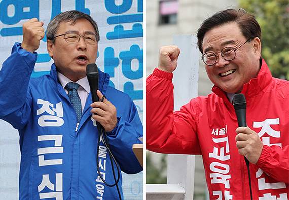 Progressive candidate Chung Geun-sik, left, campaigns for the Seoul education superintendent race on Oct. 15, 2024, a day before the Oct. 16 by-elections. On the same day, conservative candidate Cho Jun-hyuk appeals for voter support near Amsa Station in Gangdong District, Seoul. [NEWS1, YONHAP]