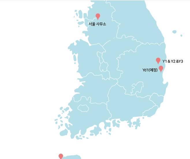 GS풍력발전이 경북에 운영 중인 육상풍력발전단지 3곳(Y1~3) 위치도. GS풍력 홈페이지 캡처