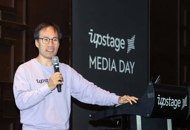 김성훈 업스테이지 대표가 16일 서울 여의도 콘래드 호텔에서 진행된 업스테이지 기자간담회에서 발언하고 있다. /사진 제공=업스테이지