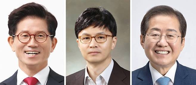 왼쪽부터 국민의힘 대선 경선 3강 후보로 꼽히는 김문수, 한동훈, 홍준표 후보. /조선DB