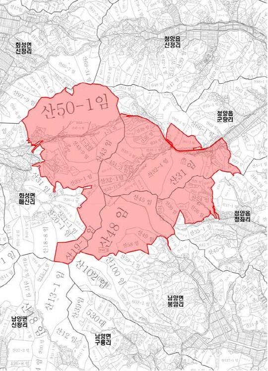 충청남도 산림자원연구소 이전 예정지인 청양읍 군량리·정좌리, 남양면 봉암리, 화성면, 매산리 일대 504필지(4.56㎢)가 4월 19일부터 2028년 4월 18일까지 3년간 토지거래허가구역으로 지정됐다 청양군 제공