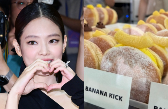 제니(왼쪽), 노티드 LA점에 진열된 ‘바나나킥 크림 도넛’ 김규빈 기자, 농심