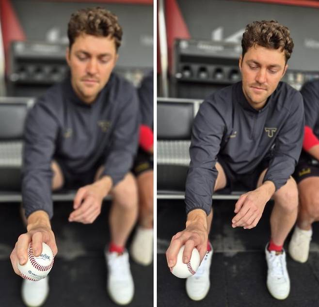 투심 패스트볼 그립 바꾼 네일 (광주=연합뉴스) 김경윤 기자 = KIA 타이거즈 제임스 네일이 16일 광주기아챔피언스필드에서 올 시즌 바꾼 변화구 그립을 설명하고 있다. 오른쪽이 지난 시즌에 던진 투심 패스트볼, 왼쪽이 올 시즌에 던지는 원심 패스트볼이다. 2025.4.17. cycle@yna.co.kr